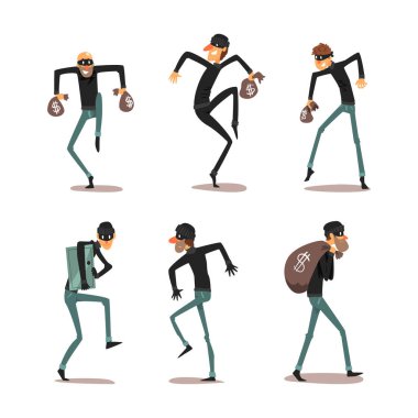 Erkek Soyguncu Karakterleri ya da Hırsız Siyah Giyinik ve Maskeli Suçu İşleyen Vektör Seti. Erkek Hırsız Gizlice Para Çalıyor