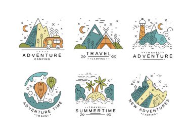 Mountain, Camp, Van ve Hot Air Balon Line Vector Set ile Yaz Seyahat ve Macera. Turizm ve Yaban Hayatı Keşfi