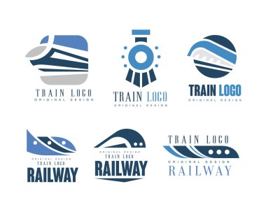Hızlı Demiryolu Taşıyıcı Vector Set 'in Mavi Şeklinde Tren ve Demiryolu Logosu Tasarımı. Hızlı Araç Etiketi Kavramı