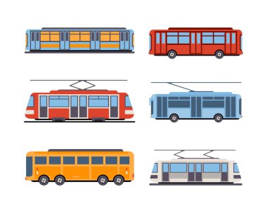 Tramvay ya da Tramvay, Otobüs ve Tren Şehir Sokakları Vector Seti 'nde Demiryolu Aracı Gibi Sürüyor. Toplu Taşıma Konsepti