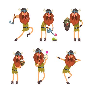 Miğferli Ortaçağ Savaşçısı olarak Komik Viking Karakteri Farklı Etkinlik Vektörü Seti 'nde. İskandinav Sakallı Adam Dövüşçüsü