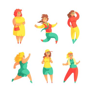 Artı Şişkin Şekilli, Mutlu Yüzlü Ayakta Duran ve Koşan Vektör Seti 'ne sahip Boyut Kadın. Genç Gülümseyen Vücut Fiziksel ve Görünüşünü Kabul Eden Olumlu Kadın