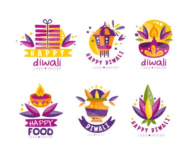 Yanan Mum ve Flora Vector Set ile Hindu Işık Festivali için Mutlu Diwali Renkli Logosu. Deepavali Bayram Amblemi