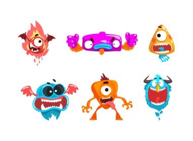 Monster with Wide Open Toothy Mouth in Frightening Pose Vector Set. Spooky Creature with Ugly Muzzle Concept clipart