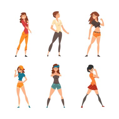 Cesur Poz Veren Güçlü ve Güç Vektörü Seti 'nde Genç Kadın. Uzun İnce Kadın Özgürlük ve Cinsiyet Eşitliği Konsepti