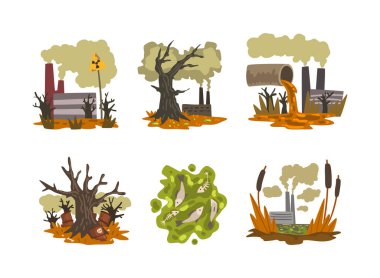 Tehlikeli Radyoaktif Endüstriyel Atık Vektör Seti ile Çevresel Kirlilik. Zararlı Ekosistem Etkisi ve Gezegen Kirliliği