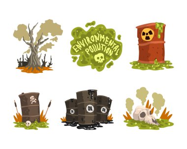 Tehlikeli Radyoaktif Endüstriyel Atık Vektör Seti ile Çevresel Kirlilik. Zararlı Ekosistem Etkisi ve Gezegen Kirliliği