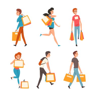 Alışveriş Torbaları Alışveriş Merkezi Vector Seti 'nden alışveriş yapan insanlar karakteri. Erkek ve Kadın Mevsimlik İndirimli Satış Giysileri Satışına Katılıyor