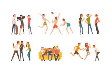 Arkadaş Şirketi birlikte zaman geçirir, konuşur, voleybol oynar, bira içer ve oyun vektör seti oynar. Hafta sonu Genç Erkek ve Kadın Buluşması Eğlence Faaliyetleri Konsepti