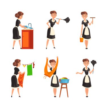 Smiling Maid or Housemaid in Black Dress and White Apron Dusting, Washing Dishes and Hanging Laundry Vector Set. Female Maidservant Engaged in Domestic Work Concept clipart