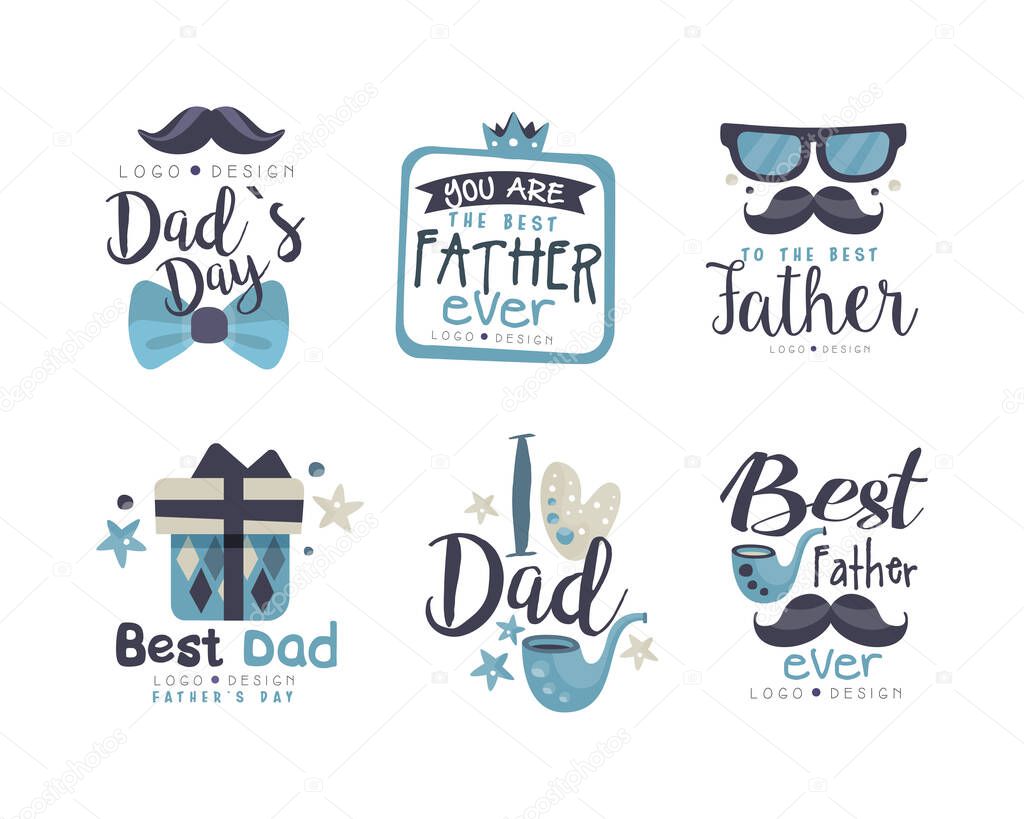 Fathers Day Label Design with Mustache, Smoking Pipe, Bow Tie and Gift Vector Set. Best Dad Badge