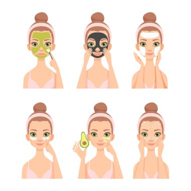 Günlük Skincare Vector Set 'te saç bandı takan genç bir kadınla yüz bakımı rutini. Kadın Evde Güzellik İşlemi Uygulaması Konsepti