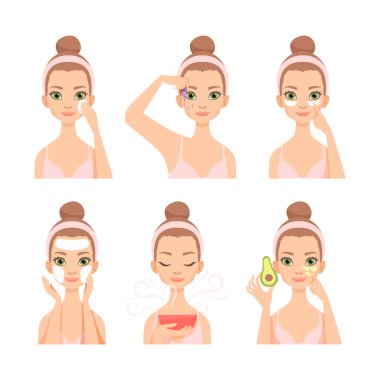 Günlük Skincare Vector Set 'te saç bandı takan genç bir kadınla yüz bakımı rutini. Kadın Evde Güzellik İşlemi Uygulaması Konsepti