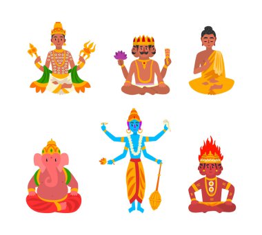 Vishnu, Shiva, Brahma, Ganesha ve Oturan Buda Vector Set ile birlikte Hint Tanrıları ve Tanrıları. Hindu İdolleri İbadet İçin