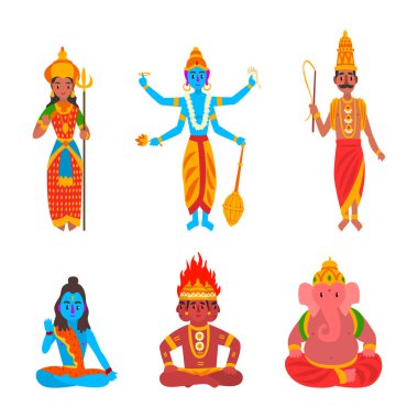 Vishnu ve Ganesha ile birlikte Lotus Poz ve Ayakta Vektör Set 'te oturan Hint Tanrıları ve Tanrıları. Hindu İdolleri İbadet İçin