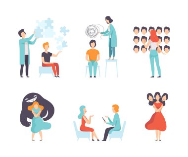 Erkek ve Kadın Zihinsel Bozukluk ve Psişik Hastalık Yaşıyor Psikoterapi ve Tedavi Vektörü Seti. Psikolojik Sorunu ve Davranış Anksiyetesi Konsepti Olan Genç Erkek ve Kadın