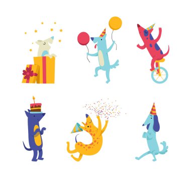 Doğumgünü Şapkası 'nda Sevimli Köpek Karakteri Kutlama Vektörü Ayarlandı. Komik Gülümseyen Burunlu Evcil Hayvan Kutlama Konseptine Bağlandı