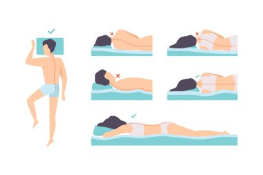 Erkek ve Kadın Doğru ve Yanlış Uyuyan Poz Boyun ve Omurga Vektörü Seti. Vücut Dinlenme Konsepti İçin Yanlış ve Doğru Hizaya Gelen Erkek ve Kadın Duruşu