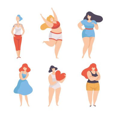 Vücut Pozitif ve Kendini Kabul Eden Vektör Kümesi Olarak Farklı Şekil Tipi ve Yüksekliği Olan Kadın. Genç Kadın Güzellik Çeşitliliği Konsepti