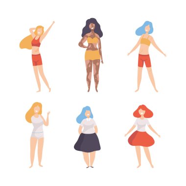 Vücut Pozitif ve Kendini Kabul Eden Vektör Kümesi Olarak Farklı Şekil Tipi ve Yüksekliği Olan Kadın. Genç Kadın Güzellik Çeşitliliği Konsepti