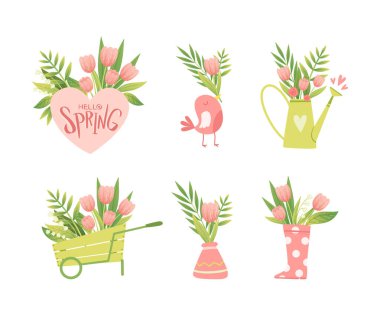 Bahar Çiçeği Pembe Lale ve Vadi Çiçek Çiçeği Vektör Kümesi 'nden Lily. Taze Flora Çiçeği Sulama Kutusu ve El Arabası Konseptinde Dinlenmiş