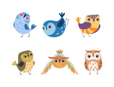 Cute Little Owl with Colorful Plumage as Woodland Nocturnal Bird Vector Set. Funny Owlet with Feathers and Wings clipart