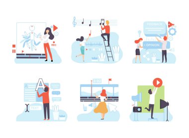 Medya İçeriği Vektör Sahnesi Oluşturan İnsanlarla Dijital Pazarlama. Erkek ve Kadın Ağ 'da Yaratıcı Üretime Girdiler