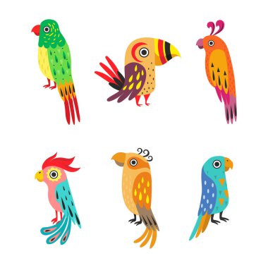 Parlak Tüylü ve Gaga Vektör Kümeli Tropik Renkli Papağan. Egzotik Uçan Yaratık