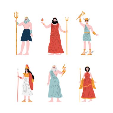 Poseidon, Hades, Hermes, Athena, Zeus ve Gera Vector Set ile Antik Yunan Tanrısı. Yunanistan 'ın Güçlü İlahı Mitoloji Kavramı