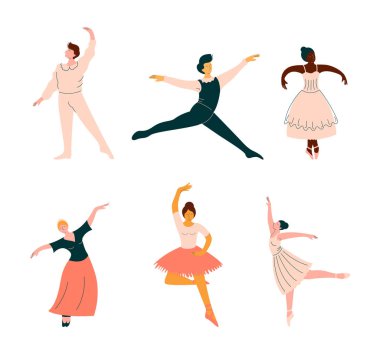 Pointe Shoes 'da Erkek ve Kadın Bale Dansçısı Dans Eden Vector Set. Erkek ve Kadın Sahne Konseptinde Klasik Bale Gösterisine Başladı