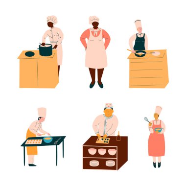 Restaurant Kitchen Vector Set 'te Apron ve Toque Preparing Food' da Şef Karakteri. Erkek ve Kadın Eğitimli Profesyonel Aşçı Hizmet Yemeği Konsepti