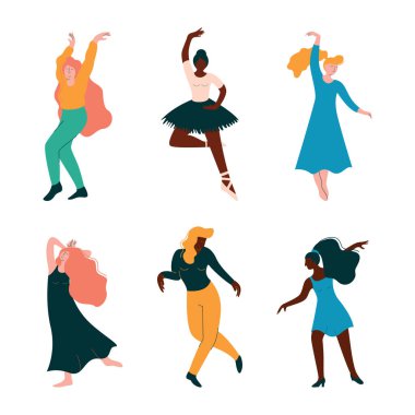 Olumlu Genç Kadın Dans Eden Eller ve Ayaklar Müzik Rythm Vector Set. Mutlu Kadın Hareketleri Dinleniyor ve Eğleniyor Konsepti