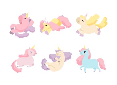 Şirin Tekboynuz Karakteri. Sivri Boynuz ve Renkli Yelken Vector Set. Peri Masalı Konseptinden Fantastik Midilli ve Sihirli Yaratık