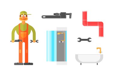 Wrench, Pipe ve Hijyenik Ware Vector Set ile Turuncu Giyimli Adam Tesisatçı. Ekipmanlı Erkek Tamirci