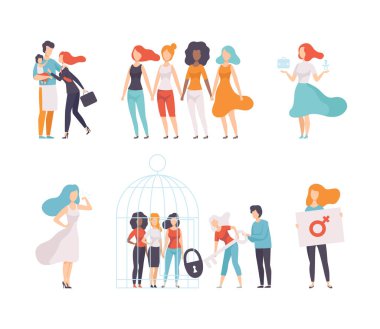 Cinsiyet Eşitliği Vektör Kümesi Eşit Haklara sahip Erkek ve Kadın. Kadın Özgürlüğü ve Fırsata Erişim Konsepti Yetkisi