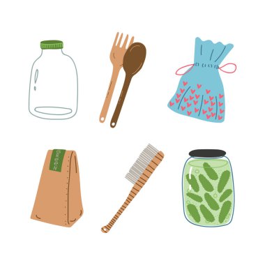 Craft Paper Package, Glass Jar, Pouch, Brush and Wooden Utensils as Everyday Reused Object Vector Set. Bio Material as Zero Waste and Eco Friendly Alternative Concept clipart