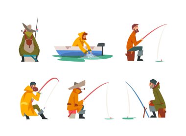 Balıkçı karakterleri ayarlandı. Yağmurluklu adamlar kıyıda ve teknede olta ve ağla balık avlıyor, beyaz üzerinde izole edilmiş ateş vektör çiziminde taze tutulan balıkları pişiriyorlar.