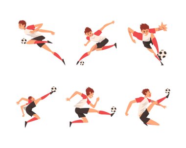 Farklı pozisyonlardaki futbol oyuncuları. Üniformalı erkek sporcular beyaz renkte izole edilmiş çizgi film vektör çizimleri ile zıplıyorlar, koşuyorlar ve tekmeliyorlar.
