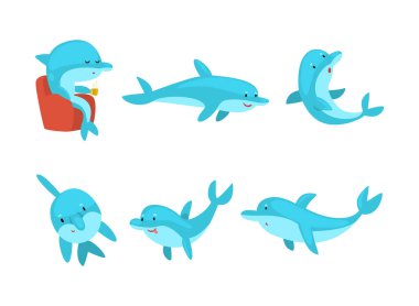 Cute funny bottlenose dolphin swimming and jumping set cartoon vector illustration isolated on white clipart