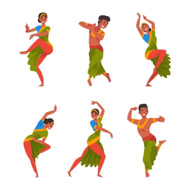 Geleneksel dans gösterisi yapan bir grup Hintli ulusal kıyafet giymiş vektör çizimleri beyazlar üzerinde izole edilmiş.