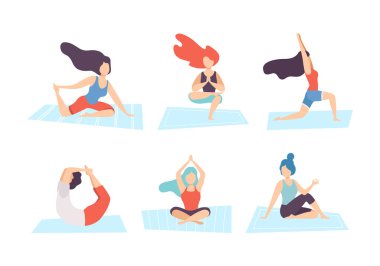 Yoga yapan bir grup insan. Yoga yapan kızlar. Sağlıklı yaşam tarzı düz vektör çizimi beyaza izole edildi
