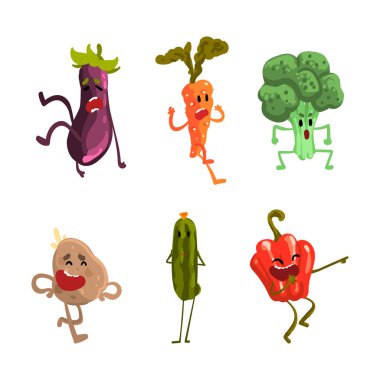 Farklı Yüz İfade Vektörü Seti ile Komik İnsanlaştırılmış Sebzeler. Farklı Duygu Konseptine sahip Komik Yemekler