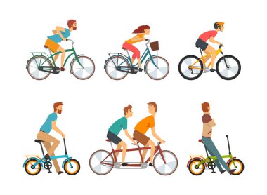 Bisiklet süren genç adam ve kadın tatilin tadını çıkarıyor ya da hafta sonu etkinlik vektörü seti. Gülümseyen Erkek ve Kadın Bisikletçi Yaz Eğlencesi Konseptinde