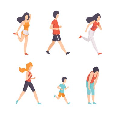 Spor ve Beden Eğitimi Koşan ve Koşan İnsanlar Vücut ve Kas Vektörü Set. Atletik Erkek ve Kadın Antrenman Etkinliği Konseptine Bağlandı