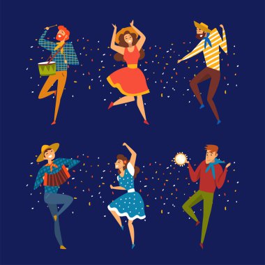 Halk Karakterleri Müzikal Enstrüman ve Dans Eğlencesi Partisi ve Festival Vector Set Çalıyor. Neşeli Erkek ve Kadın Müzik Rythm Konseptine Taşınıyor