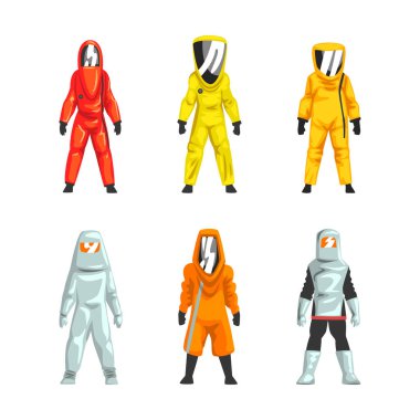 Tehlikeli Madde Giysisi Giyen Adam, Geçersiz Giysi Vektör Seti ile Kişisel Koruyucu Ekipman olarak. Tehlikeli Maddeler Konseptine Karşı Koruyucu Üniformalı Erkek Solunum Cihazı