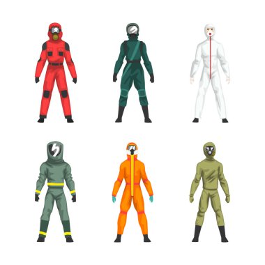 Tehlikeli Madde Giysisi Giyen Adam, Geçersiz Giysi Vektör Seti ile Kişisel Koruyucu Ekipman olarak. Tehlikeli Maddeler Konseptine Karşı Koruyucu Üniformalı Erkek Solunum Cihazı