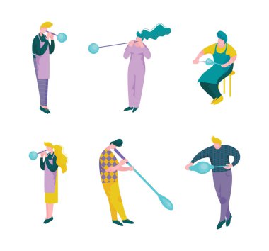 İnsan Karakterleri, eriyik camları kabarcık vektör setine dönüştüren cam püskürtücü. Erkek ve Kadın Cam üfleme ya da Cam Yapımcılığında