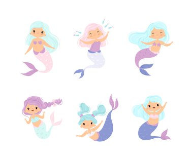 Dalgalanan Saçlı Şirin Denizkızı Su Altında Yüzen Vektör Seti. Dişi Vücut ve Balık Kuyruğu Okyanusun derinliklerinde yüzen Su Yaratıkları