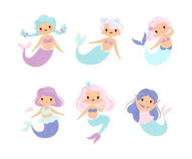 Dalgalanan Saçlı Şirin Denizkızı Su Altında Yüzen Vektör Seti. Dişi Vücut ve Balık Kuyruğu Okyanusun derinliklerinde yüzen Su Yaratıkları